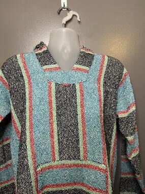 Vintage Focus Sweater Mens Large Hooded Baja Pullover Striped Knit Mexico